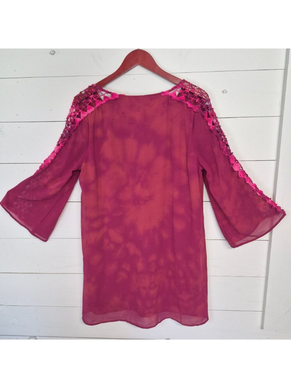 Umgee Womens Pink Tie-Dye Dress W/ Crochet Sleeve Detail Bell Sleeves & Front Ti - Picture 7 of 8